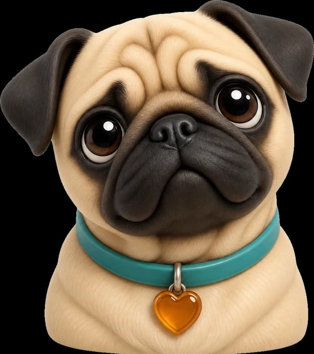 A hopeful fawn pug popping out of a cyan circle, looking up as if asking to be adopted.
