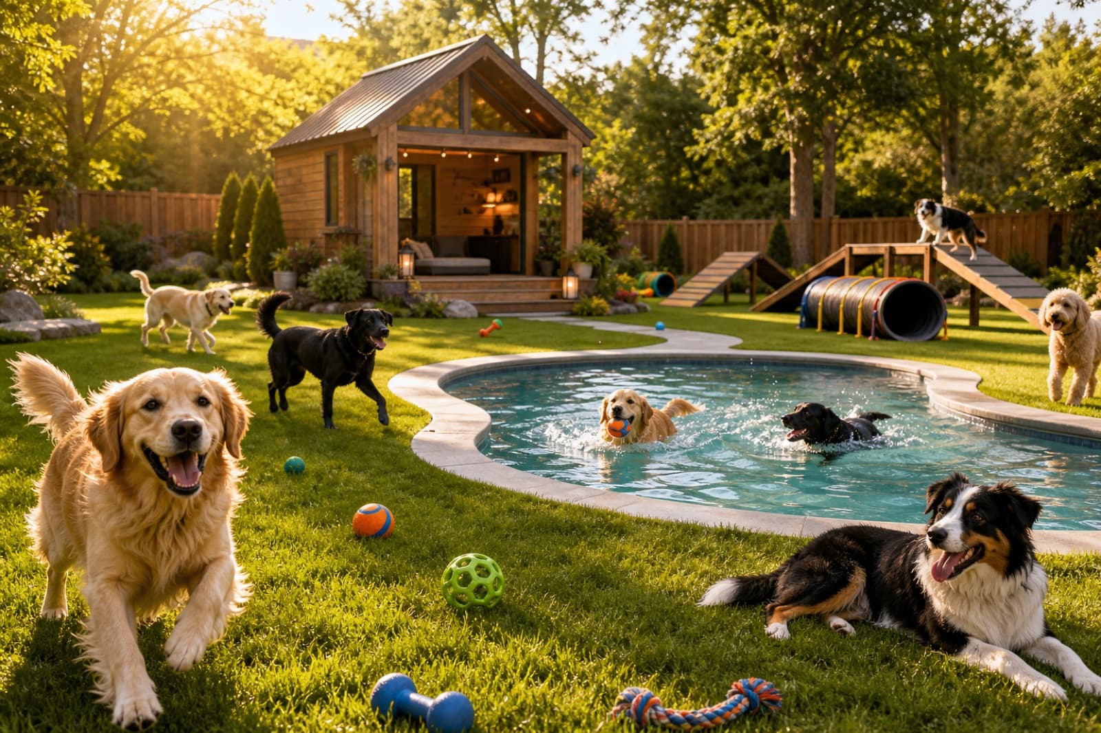 A dream backyard for dogs β a fancy doghouse, an in-ground dog pool with dogs swimming, an agility run, and toys scattered across the grass.