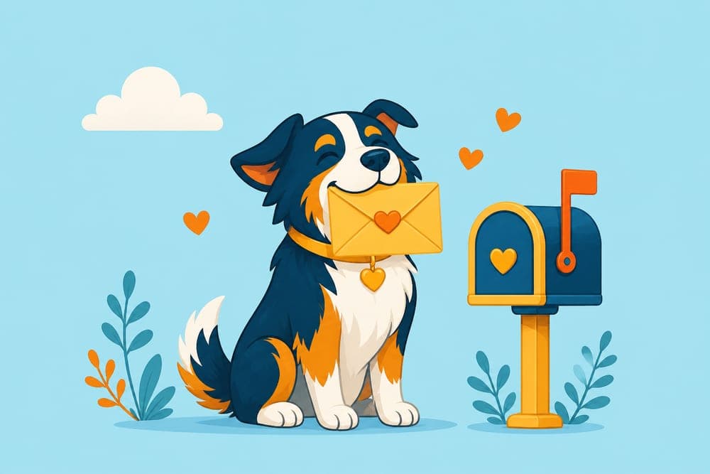A happy dog holding a letter in its mouth beside a mailbox.